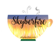Logo says Skyberfire Teas Skyberfire.com in the shape of a tea cup steam moon fire night sky